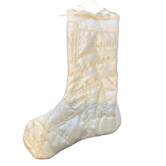 Vtg Handmade Ivory Satin Quilted Christmas Stocking 16.5” Ribbons - Picture 1 of 6
